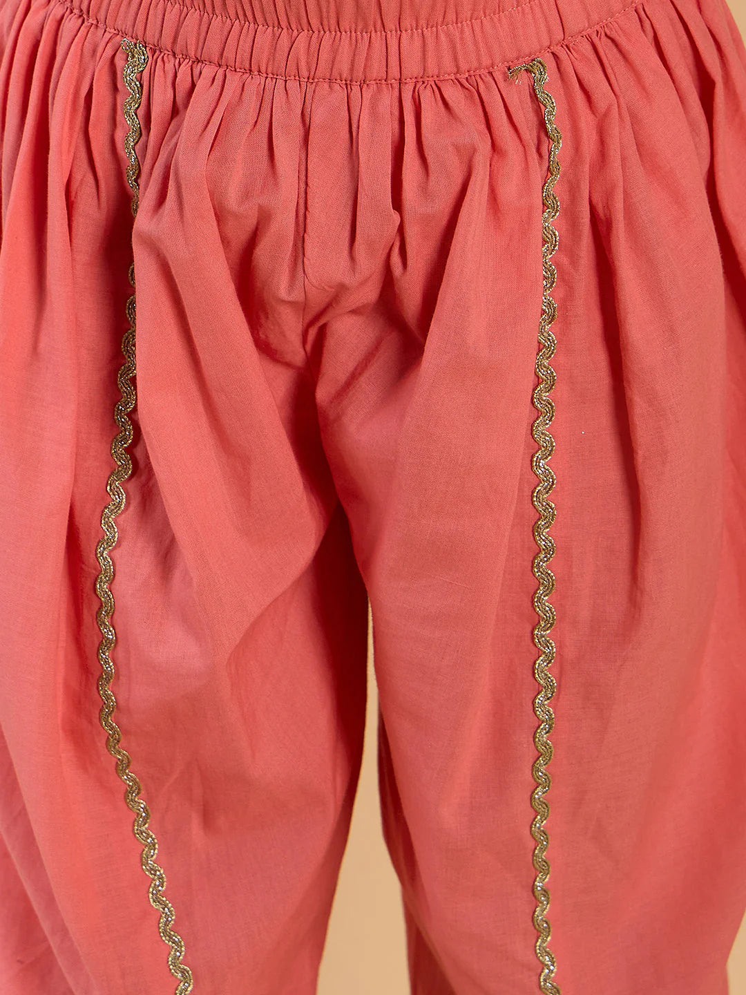 Girl Coral Embroidery Kurta And Dhoti Set