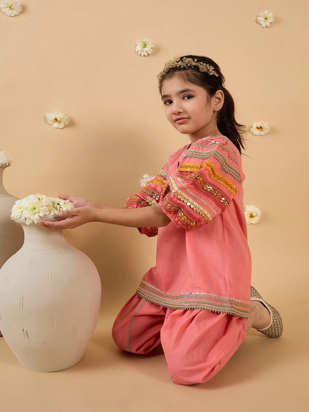 Girl Coral Embroidery Kurta And Dhoti Set