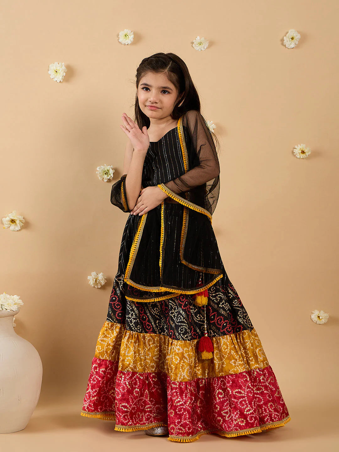 Girl Black Cotton Lehenga, Choli & Dupatta