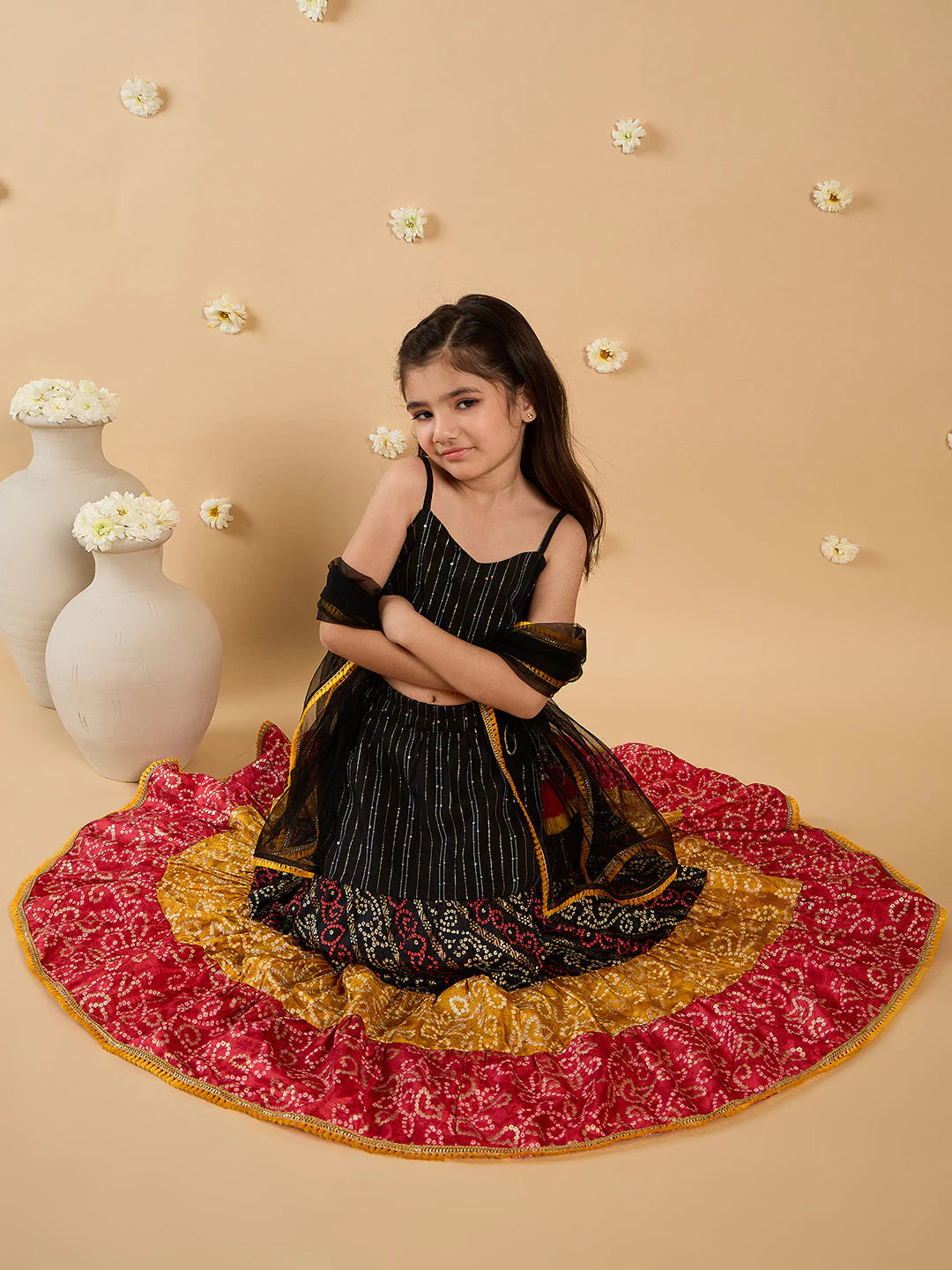 Girl Black Cotton Lehenga, Choli & Dupatta