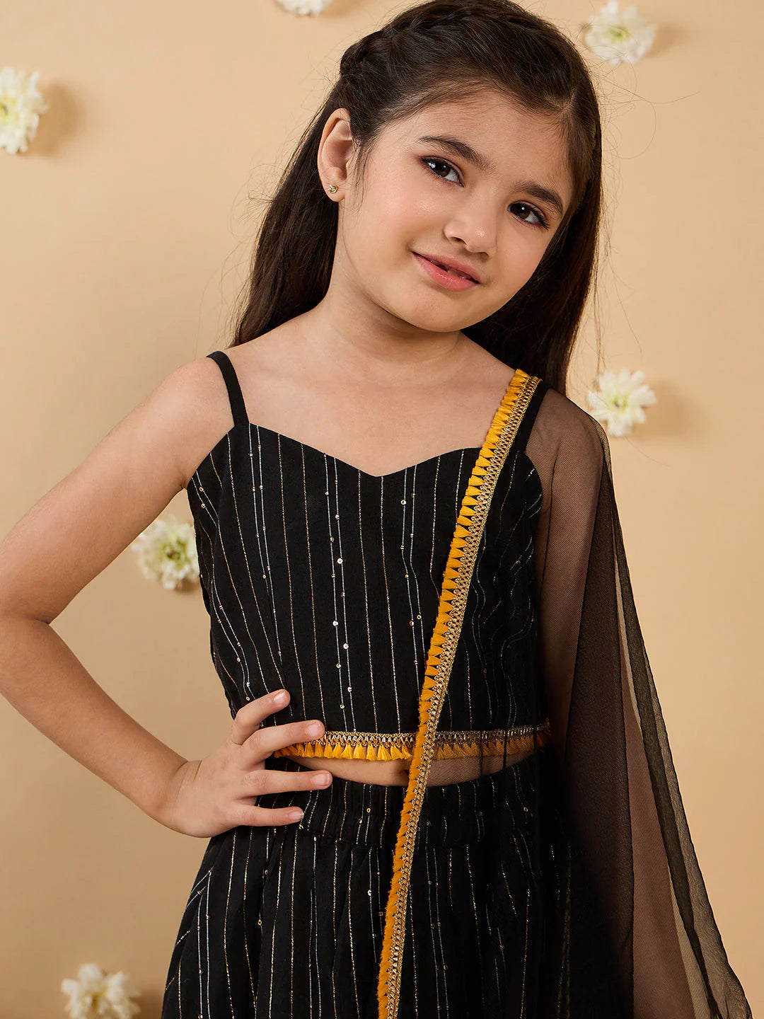 Girl Black Cotton Lehenga, Choli & Dupatta