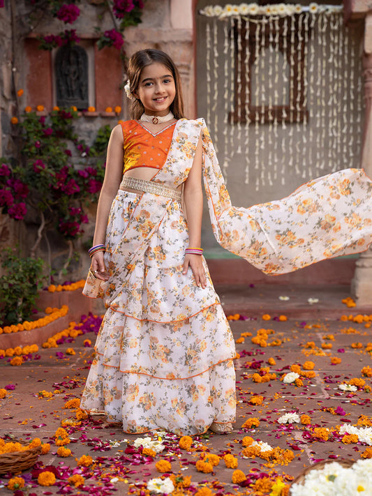 Girl - Orange & Cream Georgette Lehenga And Choli with Belt