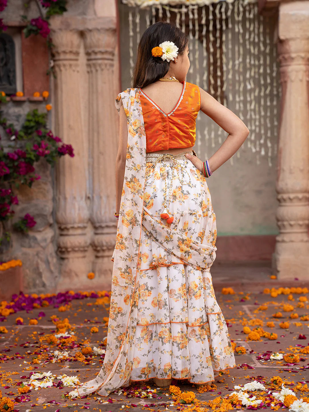 Girl - Orange & Cream Georgette Lehenga And Choli with Belt