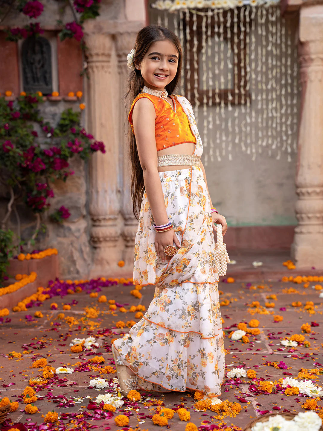 Girl - Orange & Cream Georgette Lehenga And Choli with Belt