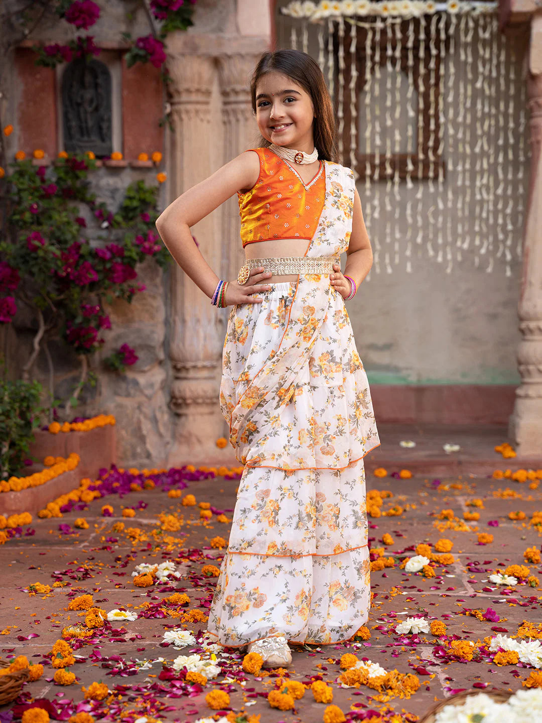 Girl - Orange & Cream Georgette Lehenga And Choli with Belt