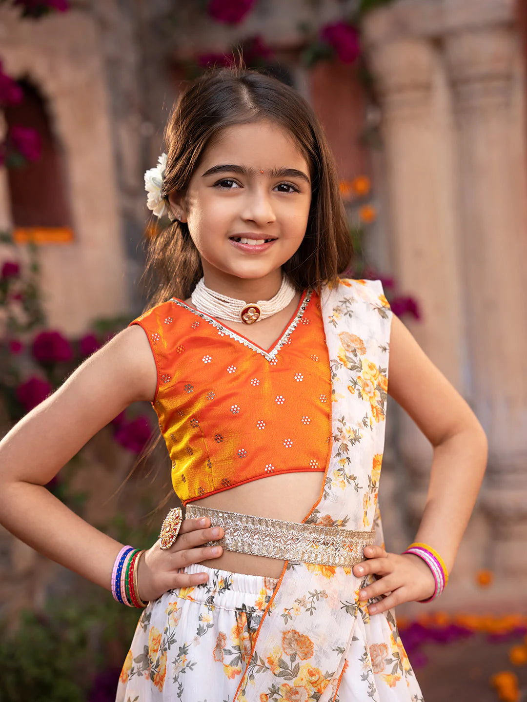 Girl - Orange & Cream Georgette Lehenga And Choli with Belt