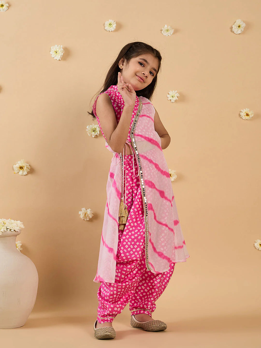 Girl Pink Dhoti, Kurta And Shrug Set