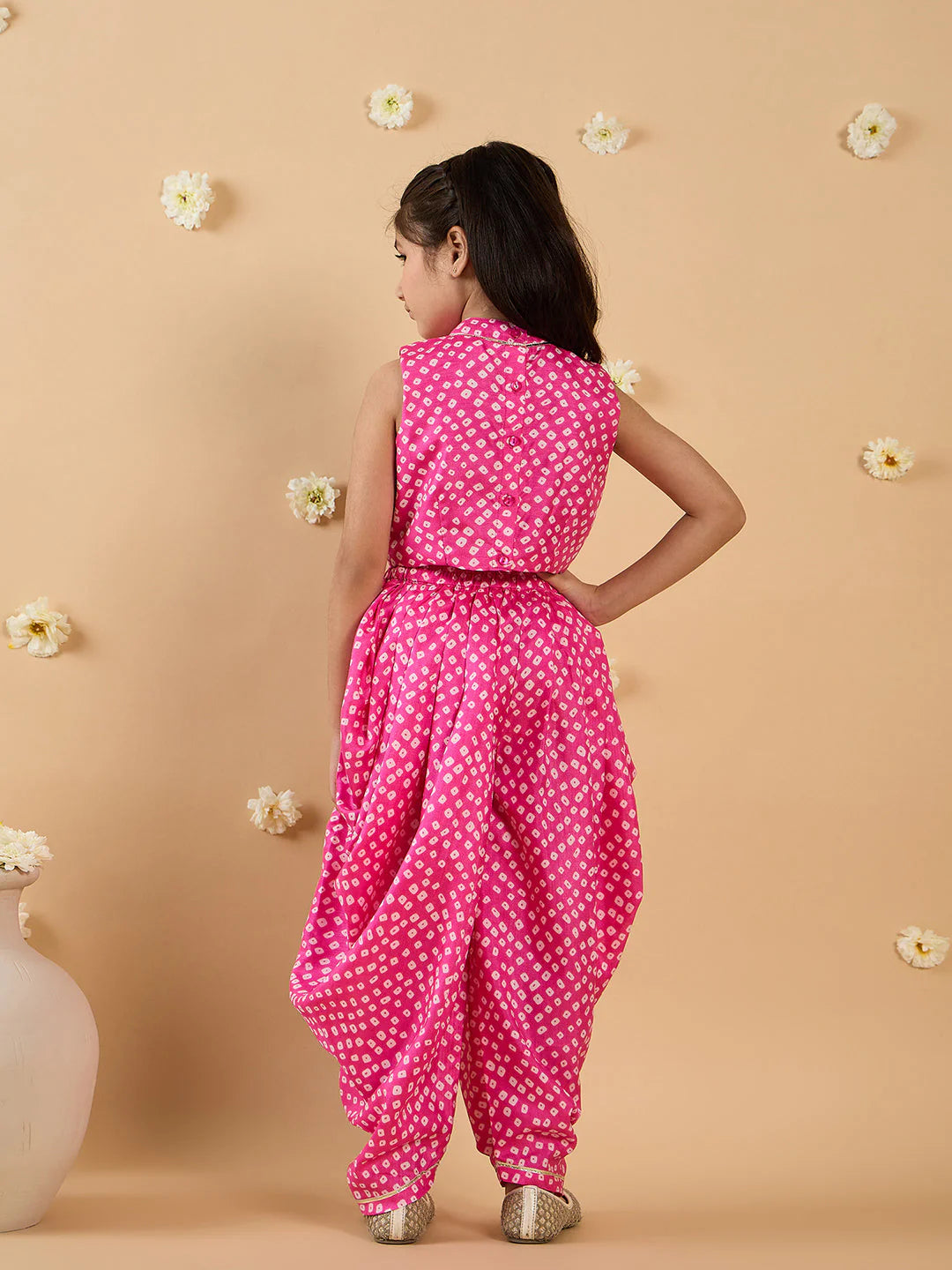 Girl Pink Dhoti, Kurta And Shrug Set