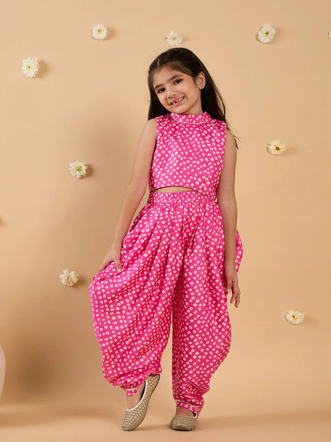 Girl Pink Dhoti, Kurta And Shrug Set