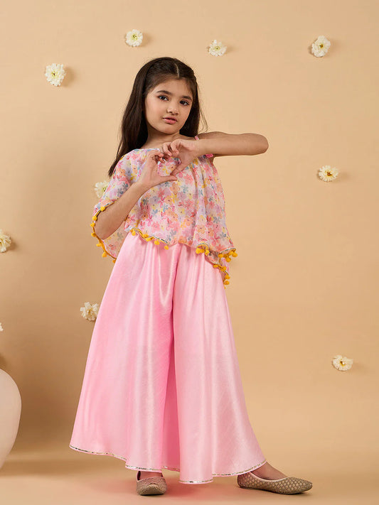 Girl Pink Georgette Top & Silk Palazzo Set