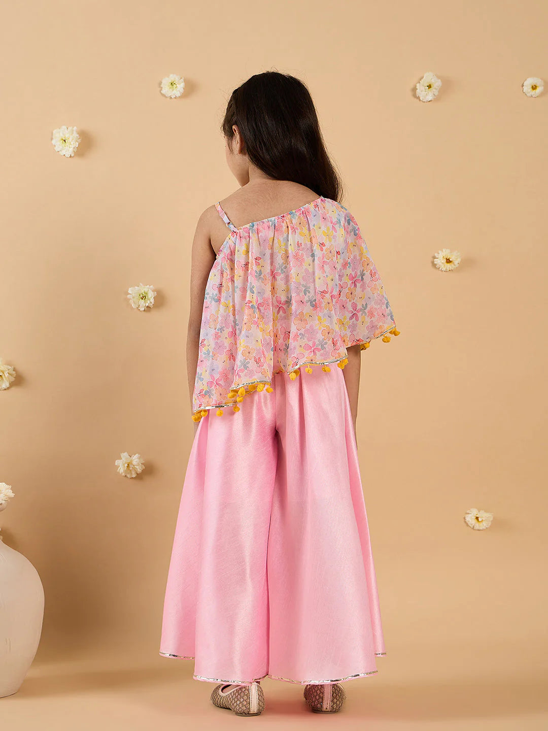Girl Pink Georgette Top & Silk Palazzo Set