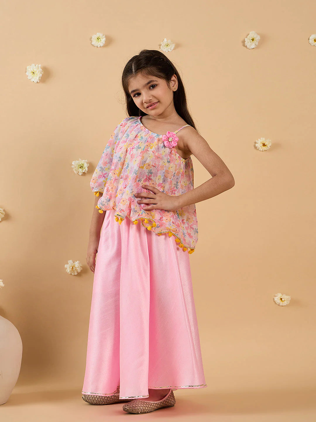 Girl Pink Georgette Top & Silk Palazzo Set