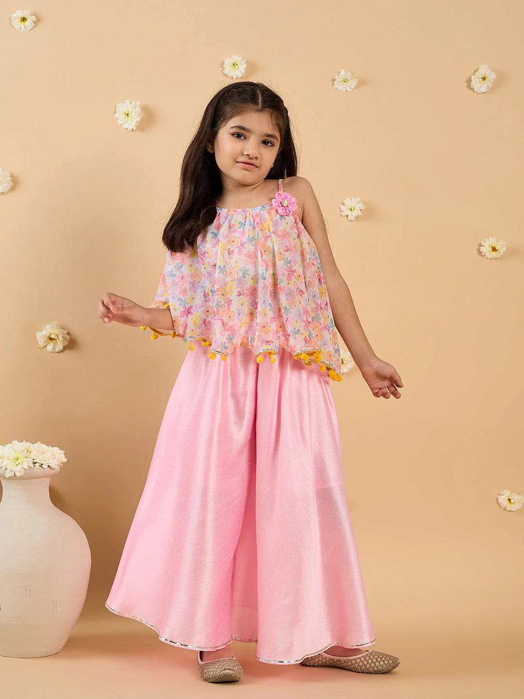 Girl Pink Georgette Top & Silk Palazzo Set