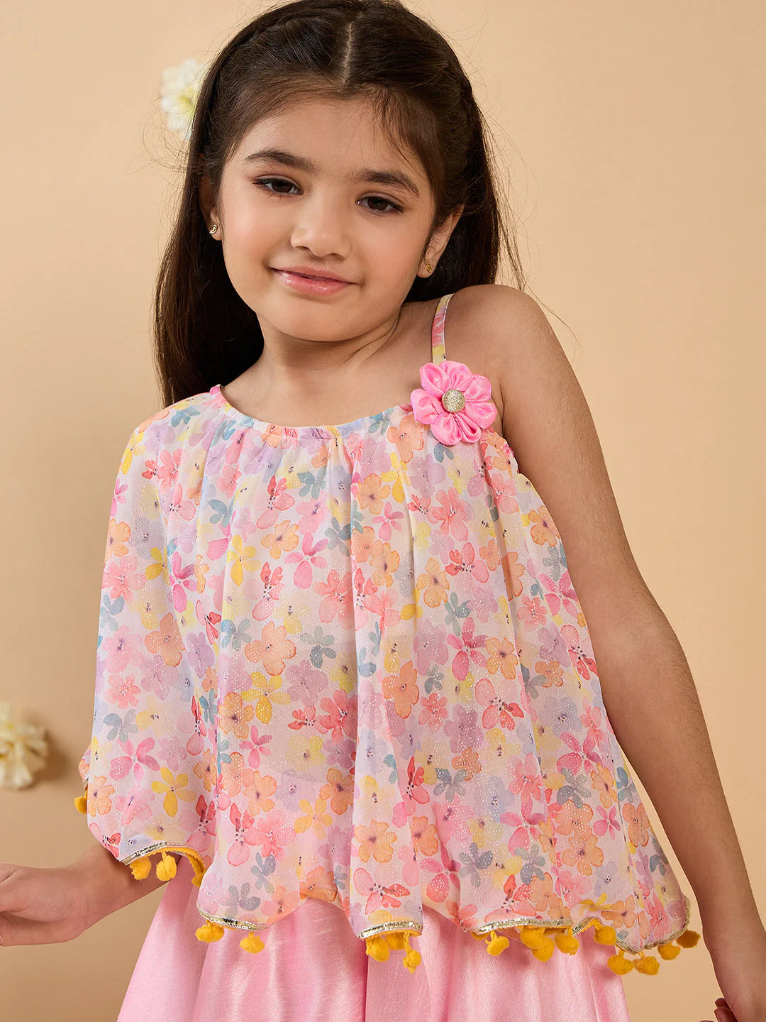 Girl Pink Georgette Top & Silk Palazzo Set