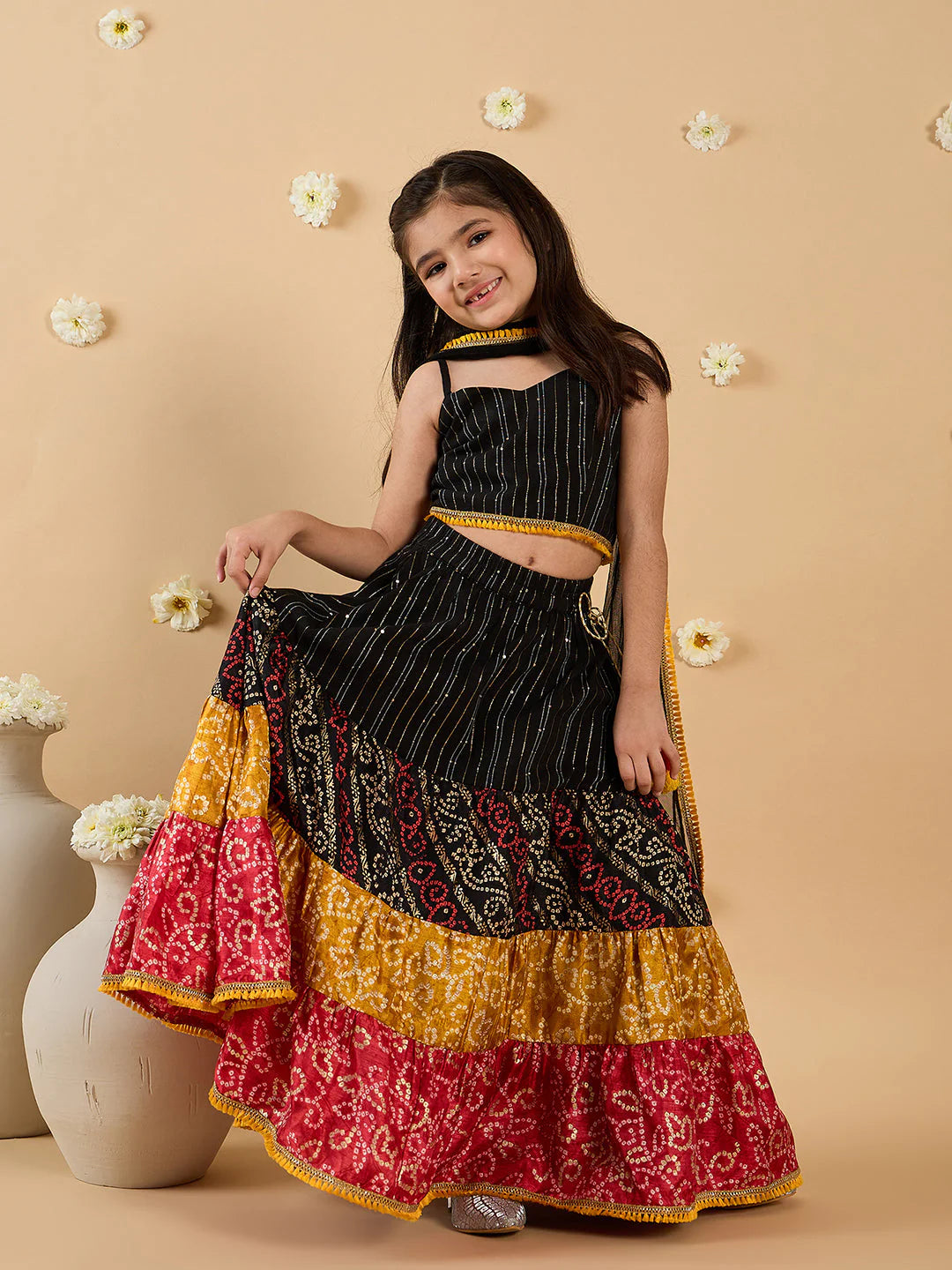 Girl Black Cotton Lehenga, Choli & Dupatta