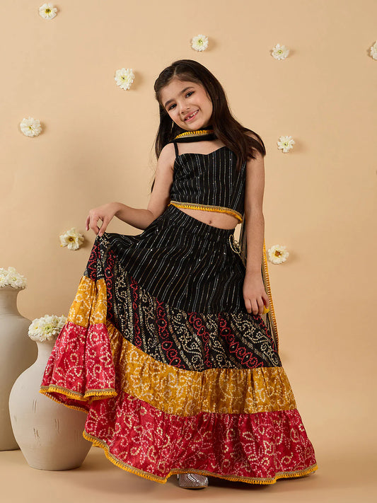 Girl Black Cotton Lehenga, Choli & Dupatta