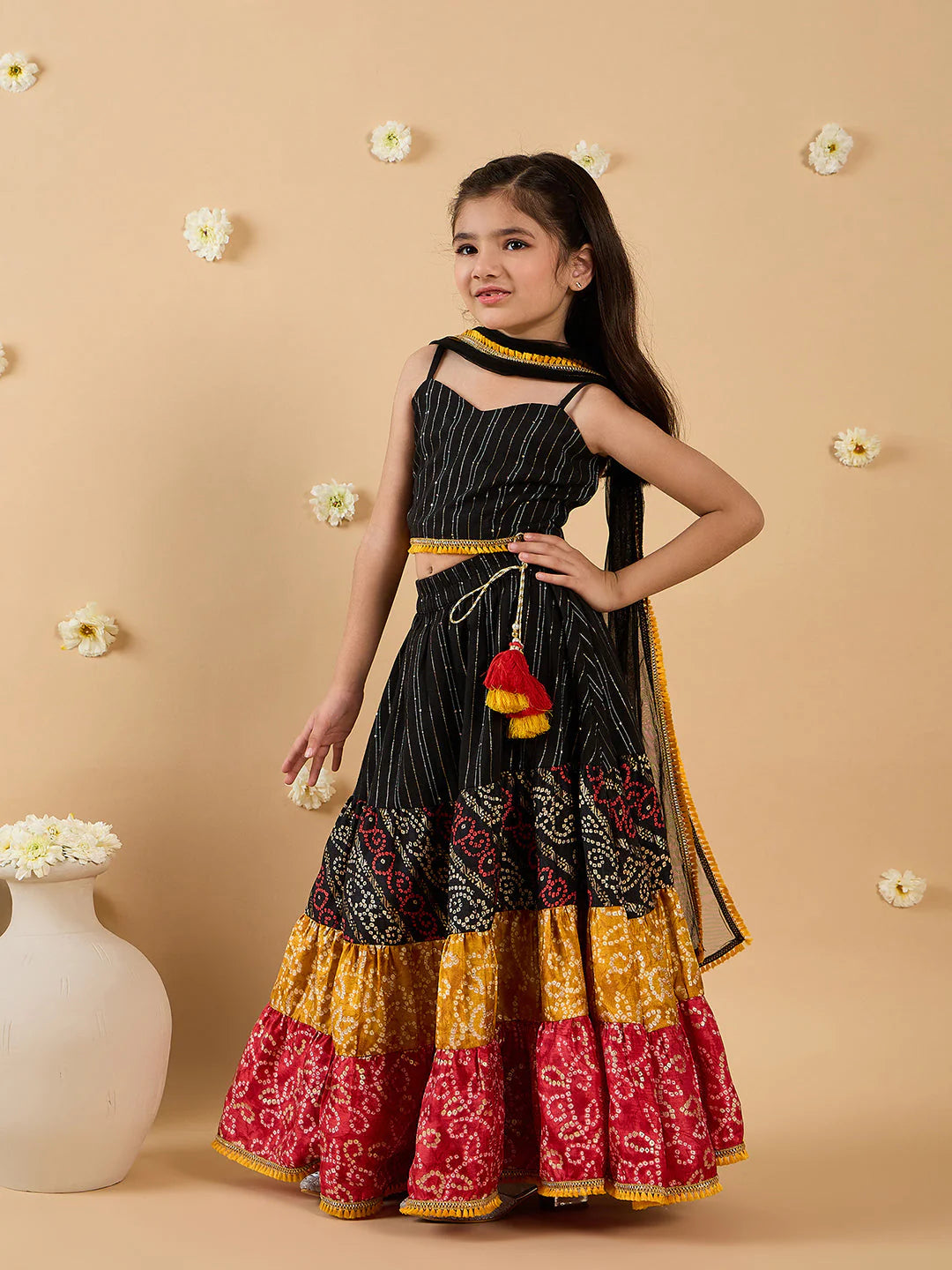Girl Black Cotton Lehenga, Choli & Dupatta
