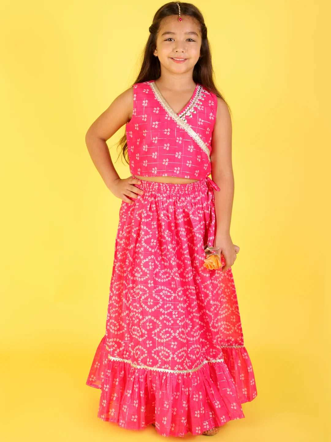 Girl - Pink Bandhani Print Lehanga
