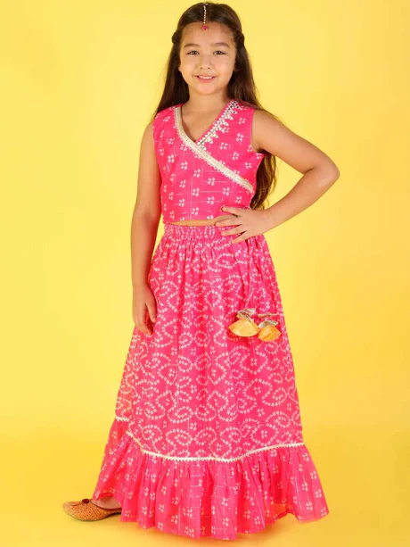 Girl - Pink Bandhani Print Lehanga
