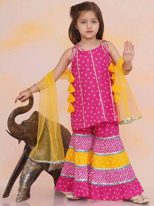 Girl - Pink Yellow Bandhani Sharara Set with Dupatta