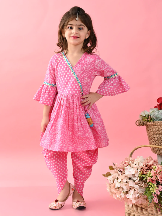 Girls - Pink Bandhni Printed Kurta & Dhoti