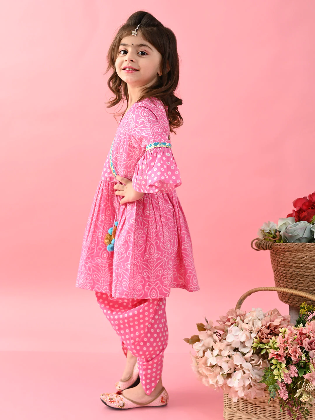 Girls - Pink Bandhni Printed Kurta & Dhoti