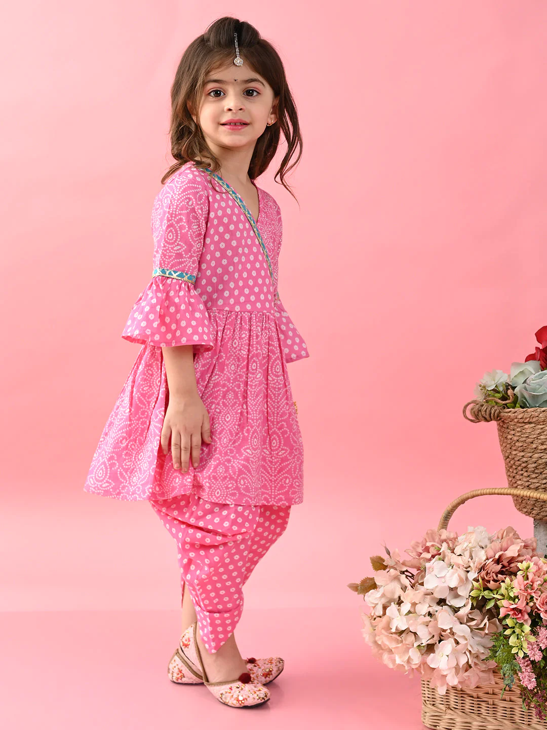 Girls - Pink Bandhni Printed Kurta & Dhoti