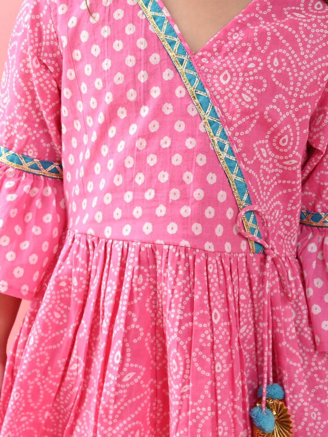 Girls - Pink Bandhni Printed Kurta & Dhoti