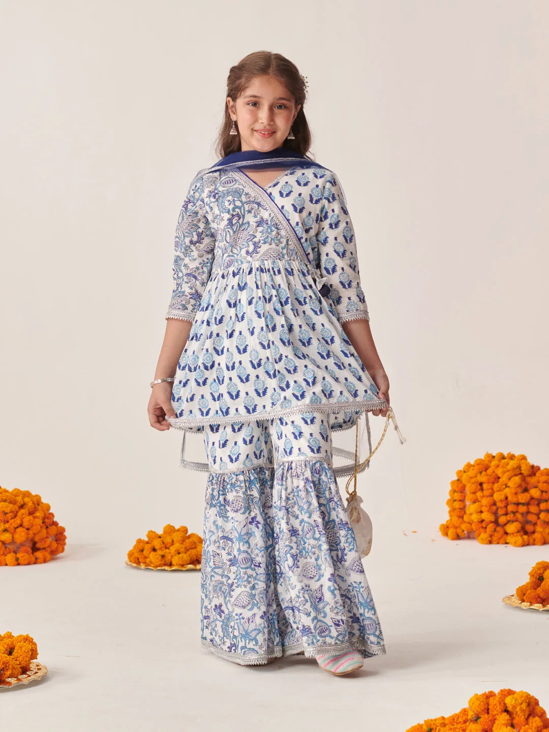 Girl - White with Blue Booti Pattern Cotton Kurta & Sharara Set With Dupatta