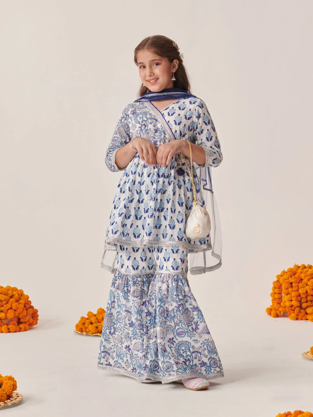 Girl - Blue & White Cotton Sharara Set