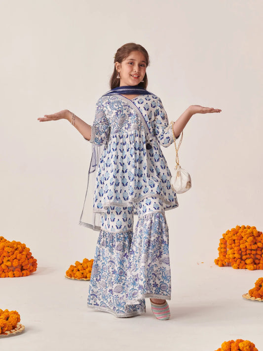 Girl - Blue & White Cotton Sharara Set