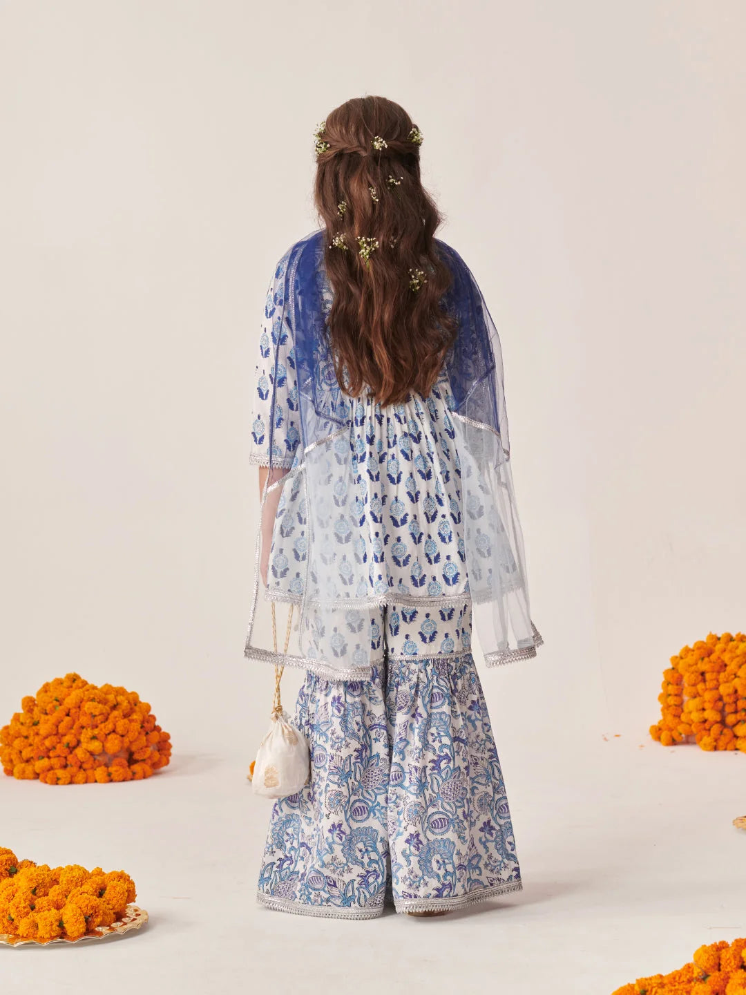 Girl - Blue & White Cotton Sharara Set