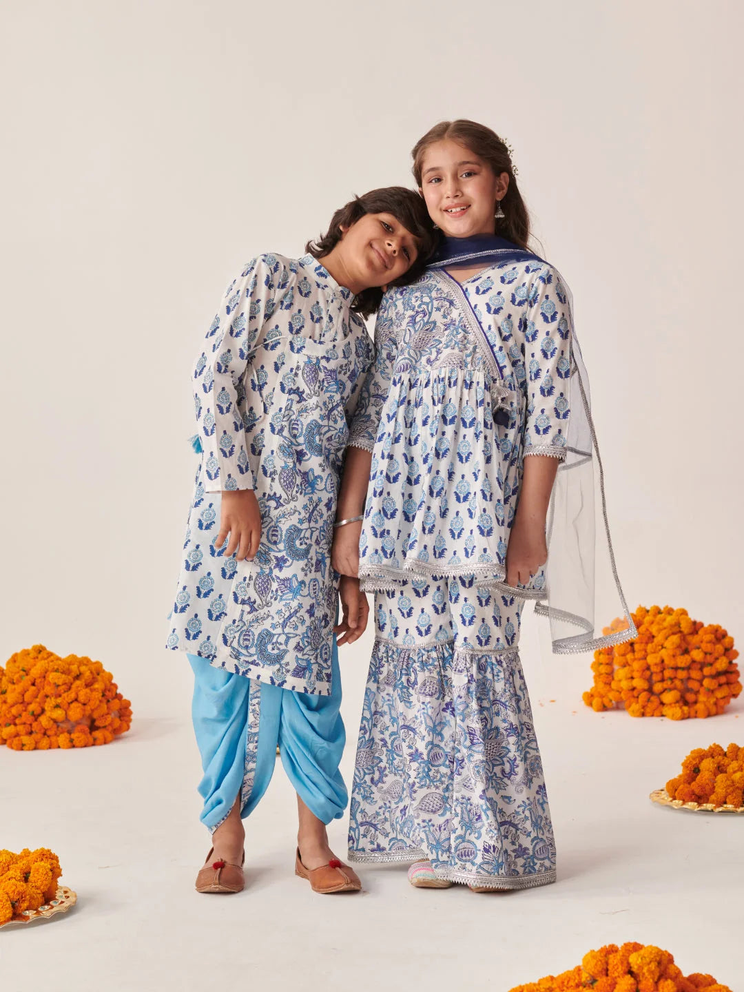 Girl - Blue & White Cotton Sharara Set