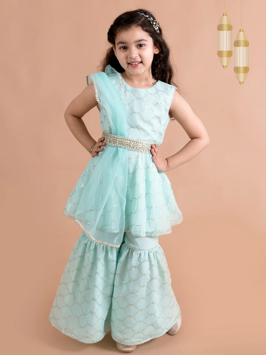 Girl - Sea Green Sharara Set with Dupatta and Belt
