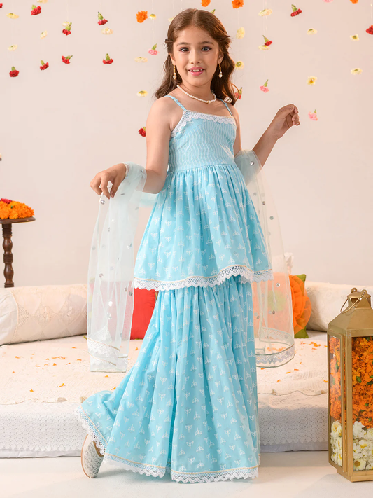Girl - Light Blue Cotton Sharara Set with Dupatta