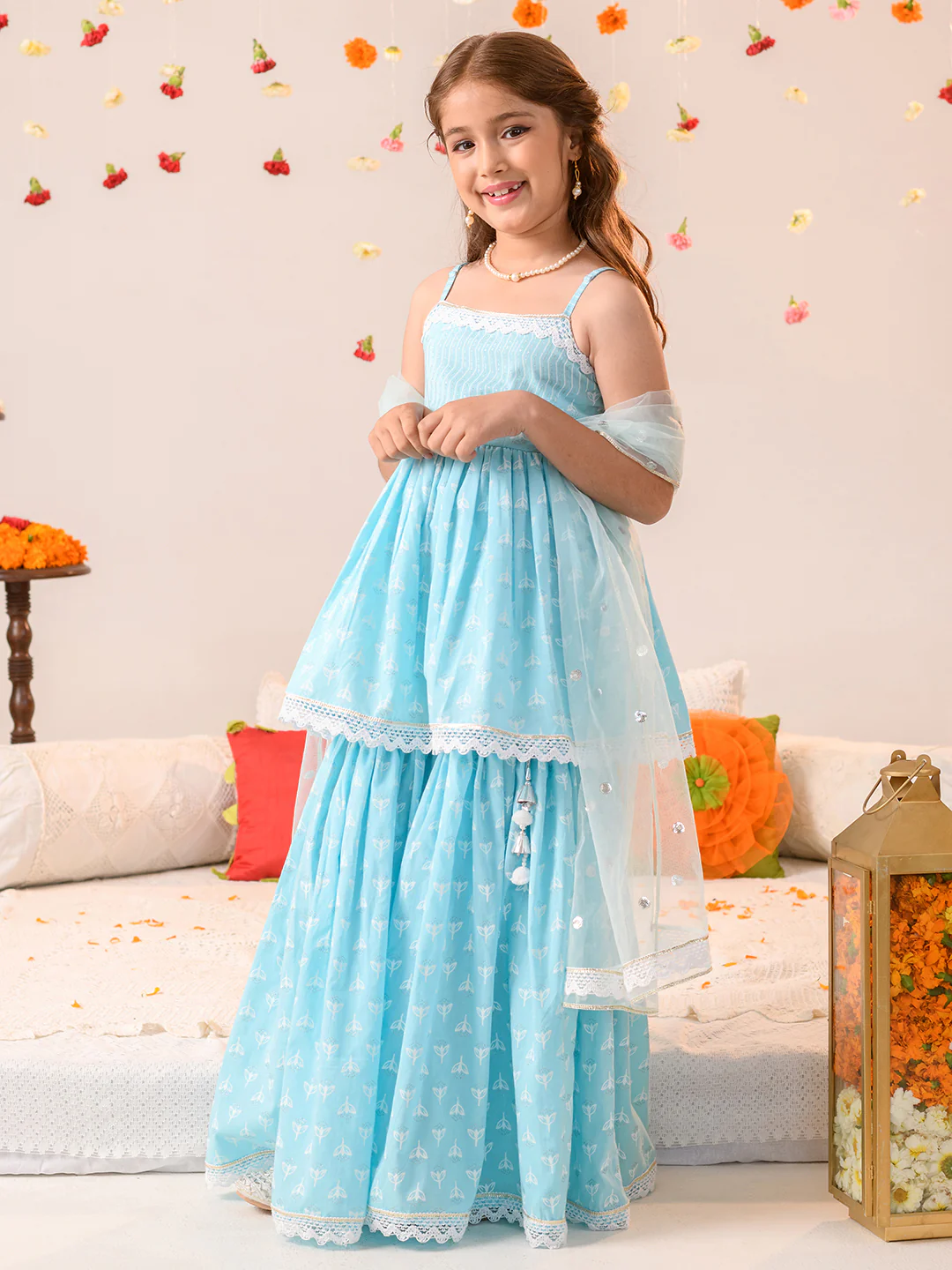 Girl - Light Blue Cotton Sharara Set with Dupatta