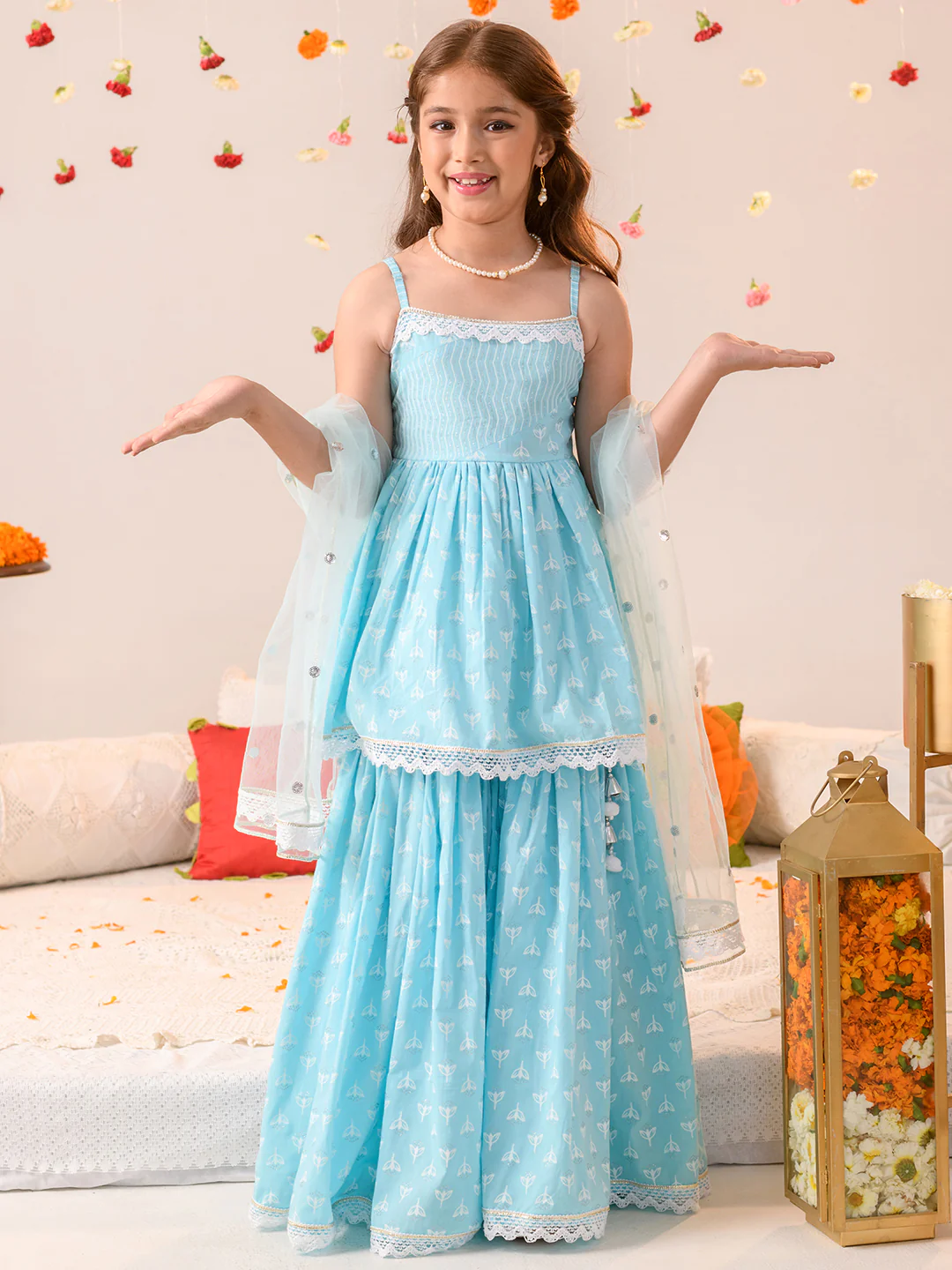 Girl - Light Blue Cotton Sharara Set with Dupatta