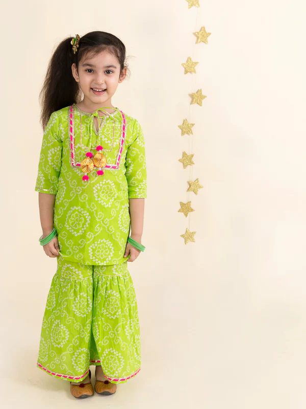 Girl - Parrot Green Cotton Sharara Set with Net Dupatta