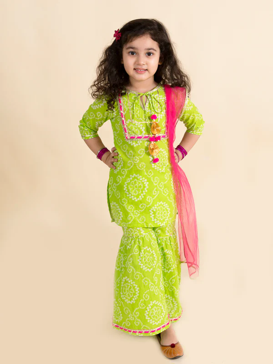 Girl - Parrot Green Cotton Sharara Set with Net Dupatta
