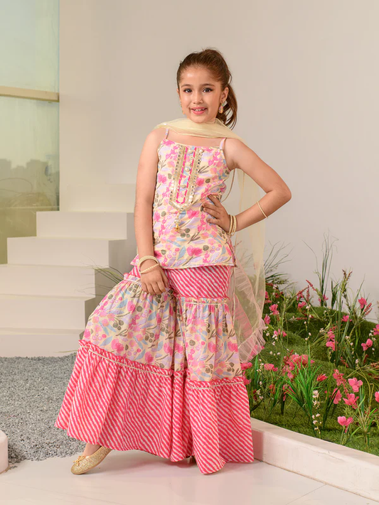 Girl - Pink Floral Print Sharara Set