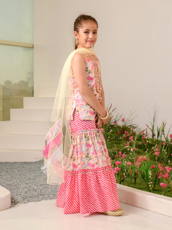 Girl - Pink Floral Print Sharara Set