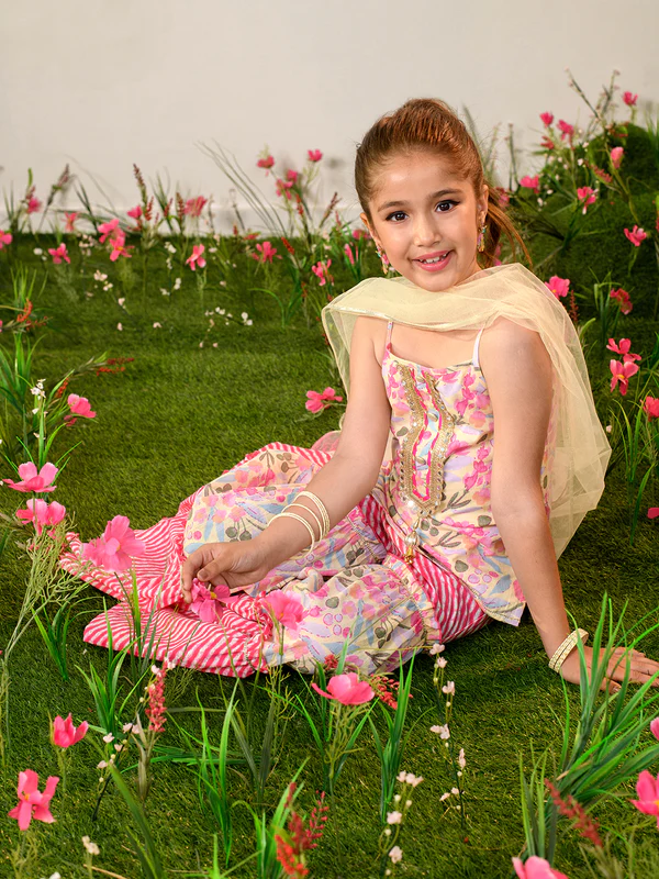 Girl - Pink Floral Print Sharara Set
