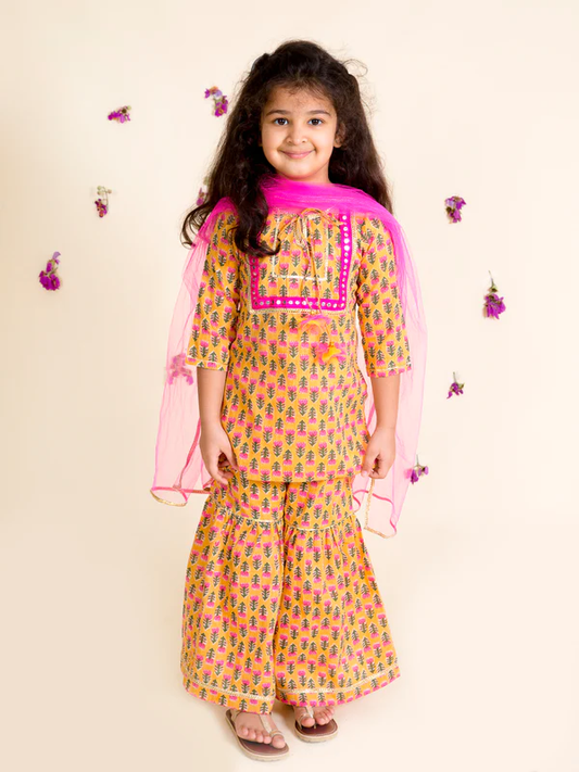 Girl - Mustard Cotton Sharara Set with Pink Net Dupatta
