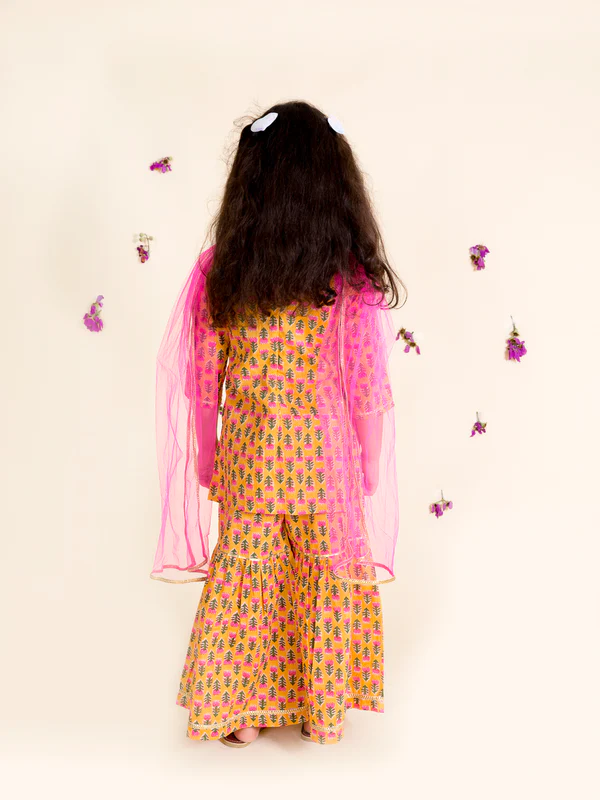 Girl - Mustard Cotton Sharara Set with Pink Net Dupatta