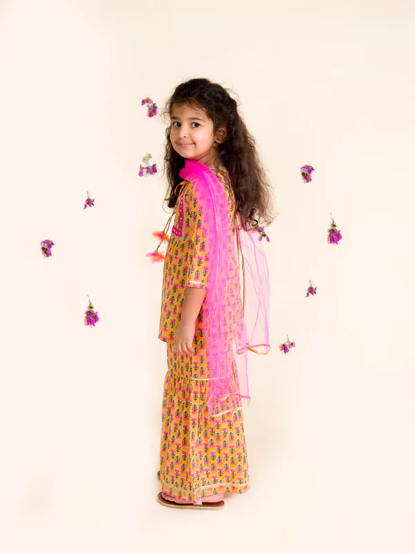 Girl - Mustard Cotton Sharara Set with Pink Net Dupatta