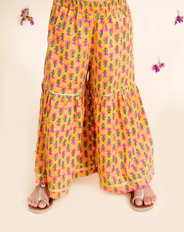 Girl - Mustard Cotton Sharara Set with Pink Net Dupatta