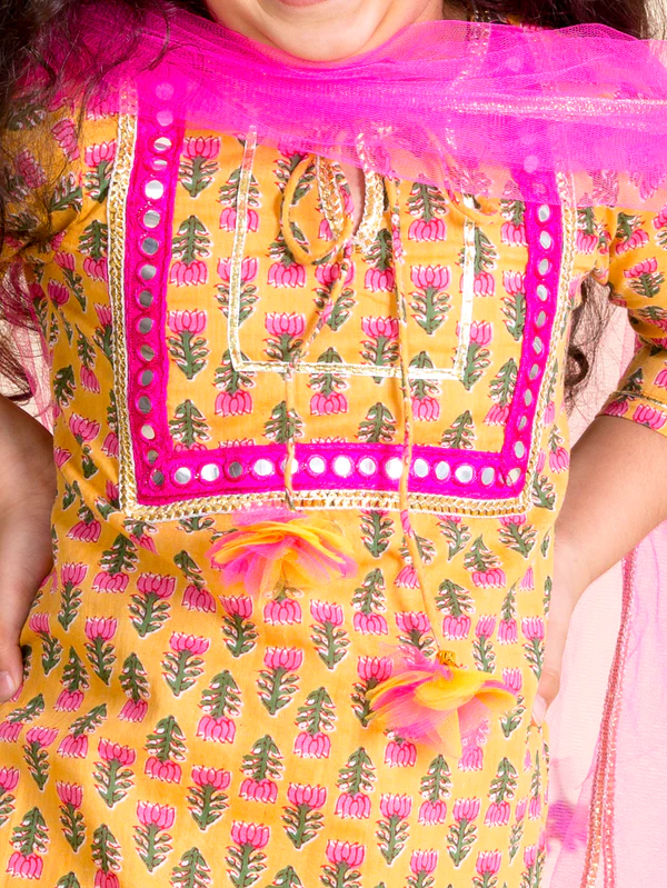 Girl - Mustard Cotton Sharara Set with Pink Net Dupatta