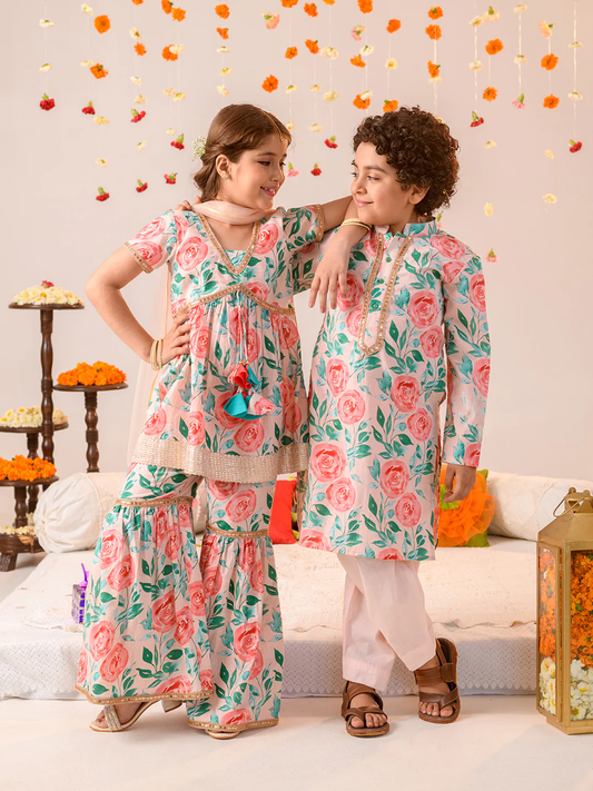Girl - Floral Print Cotton Sharara Set with Dupatta