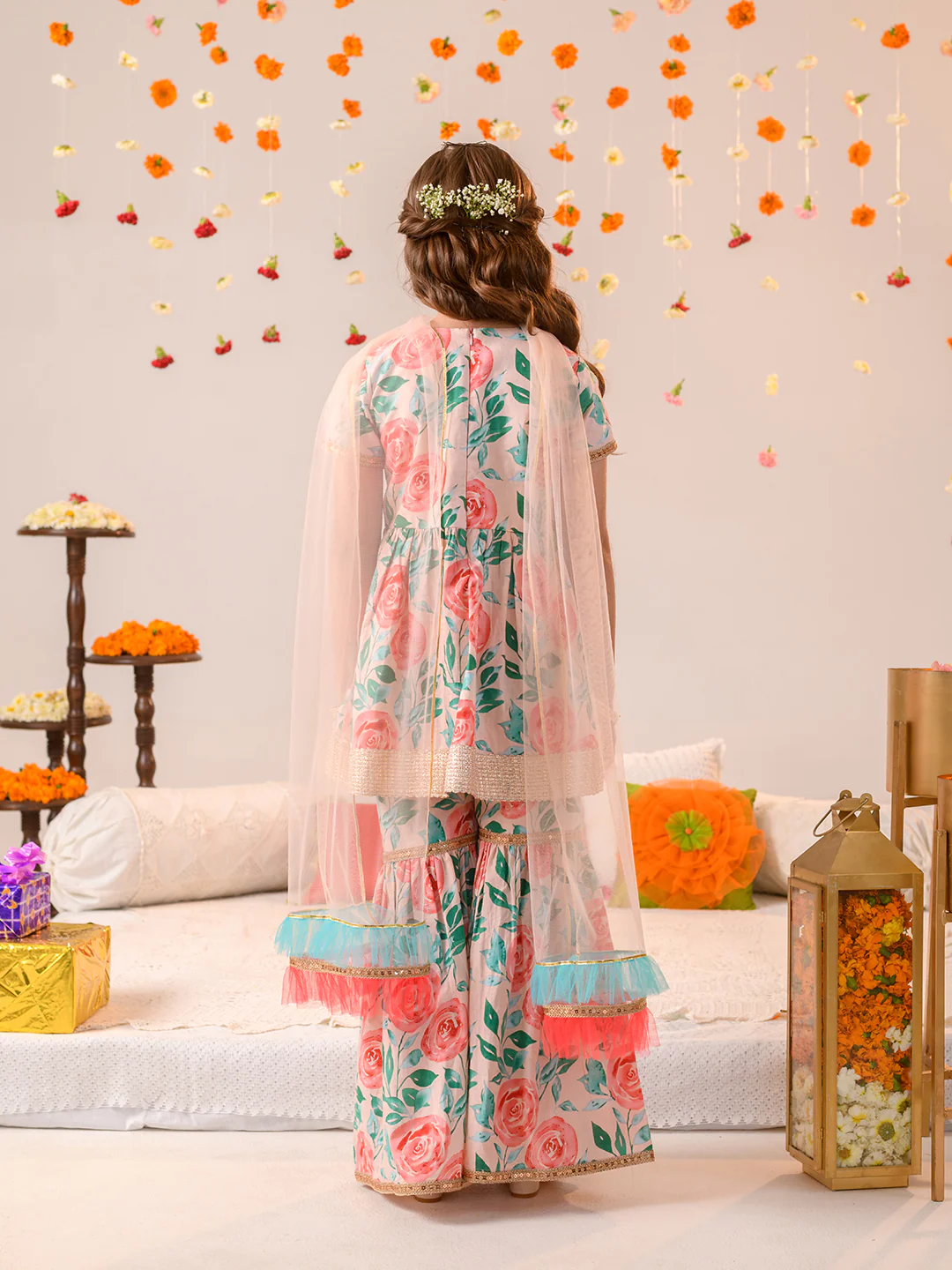 Girl - Floral Print Cotton Sharara Set with Dupatta