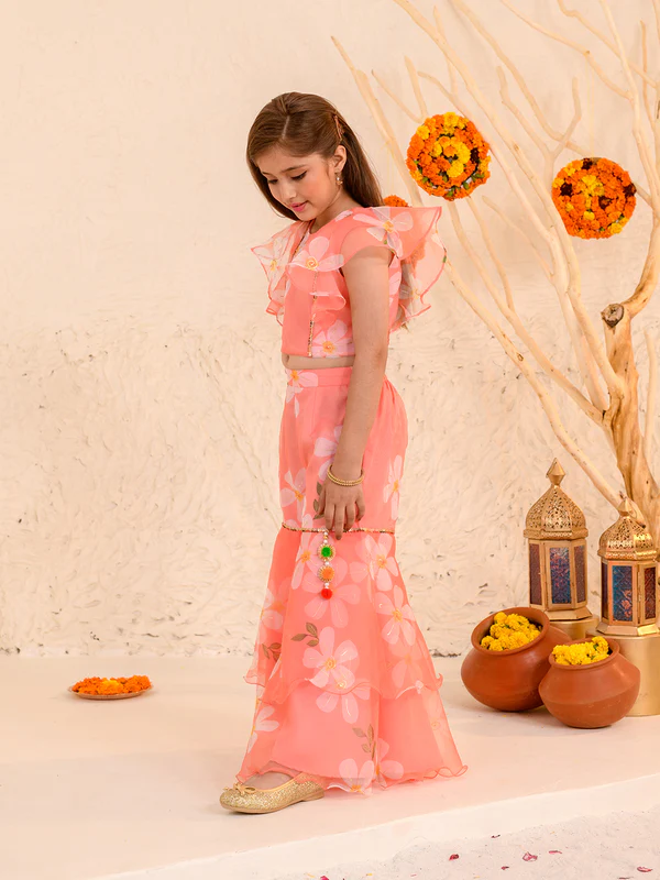 Girl - Peach Sharara & Crop Top with Floral Print